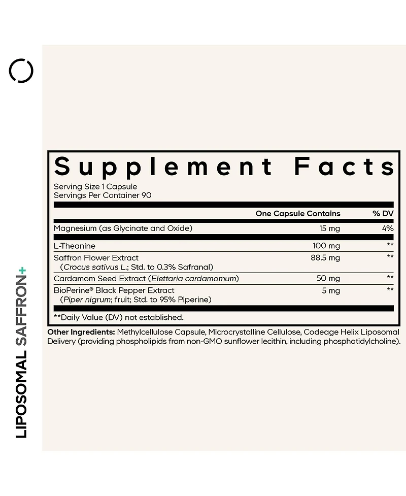 Codeage Liposomal Saffron+ Supplement - Saffron Extract, Magnesium, L-Theanine, Cardamom, BioPerine - 3-Month Supply