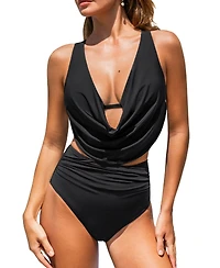 Cupshe Women's Deep V Cowl Neck Ruching Bikini Sets