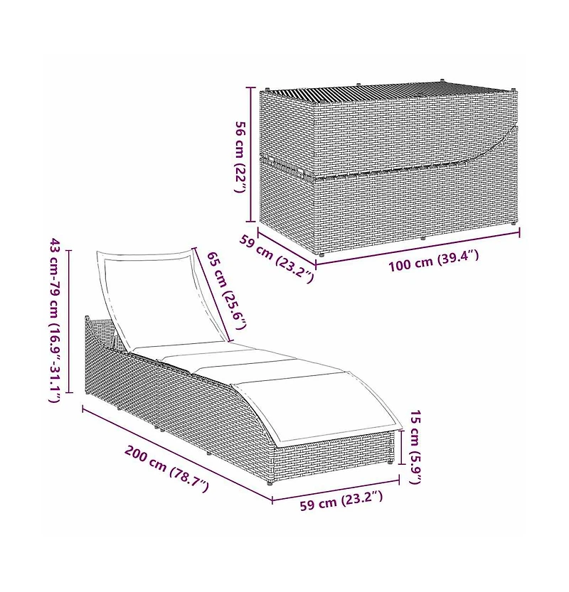 vidaXL Folding Sun Lounger with Cushion and Storage Brown Poly Rattan