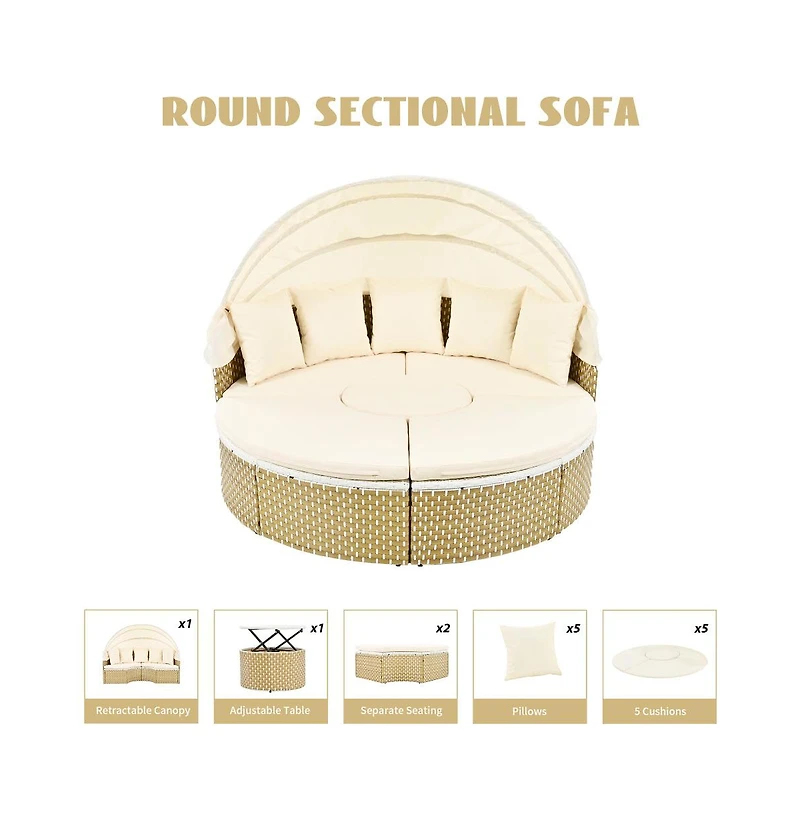 Chic Crate - Rattan Daybed Outdoor Sectional Sofa Set - Retractable Canopy with Removable Cushion & Separate Seating for Backyard & Poolside (Beige)