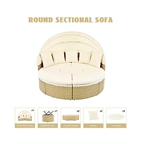 Chic Crate - Rattan Daybed Outdoor Sectional Sofa Set - Retractable Canopy with Removable Cushion & Separate Seating for Backyard & Poolside (Beige)