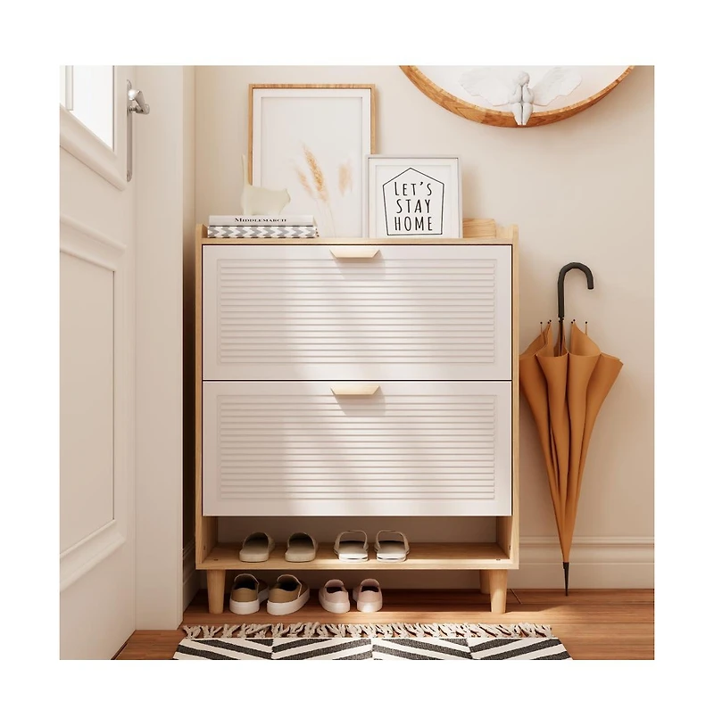 Chic Crate-31.5in Nordic Shoe Storage Cabinet 2 Flip-Drawer Organizer | Solid Wood Legs | Entryway/Narrow | White/Solid Wood