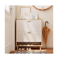 Chic Crate-31.5in Nordic Shoe Storage Cabinet 2 Flip-Drawer Organizer | Solid Wood Legs | Entryway/Narrow | White/Solid Wood