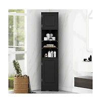 Chic Crate-Multi-Functional Corner Cabinet Tall Bathroom Storage w/ 2 Doors & Adj. Shelves + Open Shelf | Black