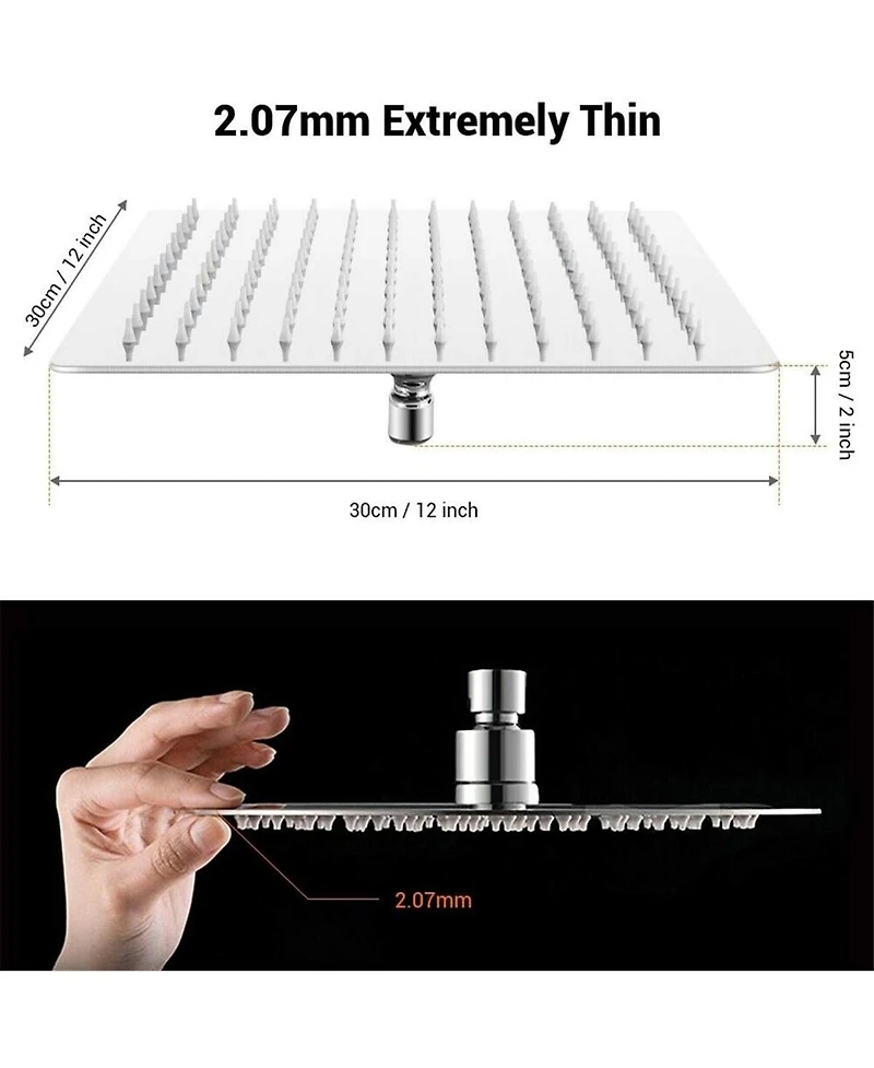 Rainsken 12 Inch Brushed Nickel Rain Shower Head, Square Ultra Thin 304 Stainless Steel Shower Head Full Body Coverage Waterfall Shower Head