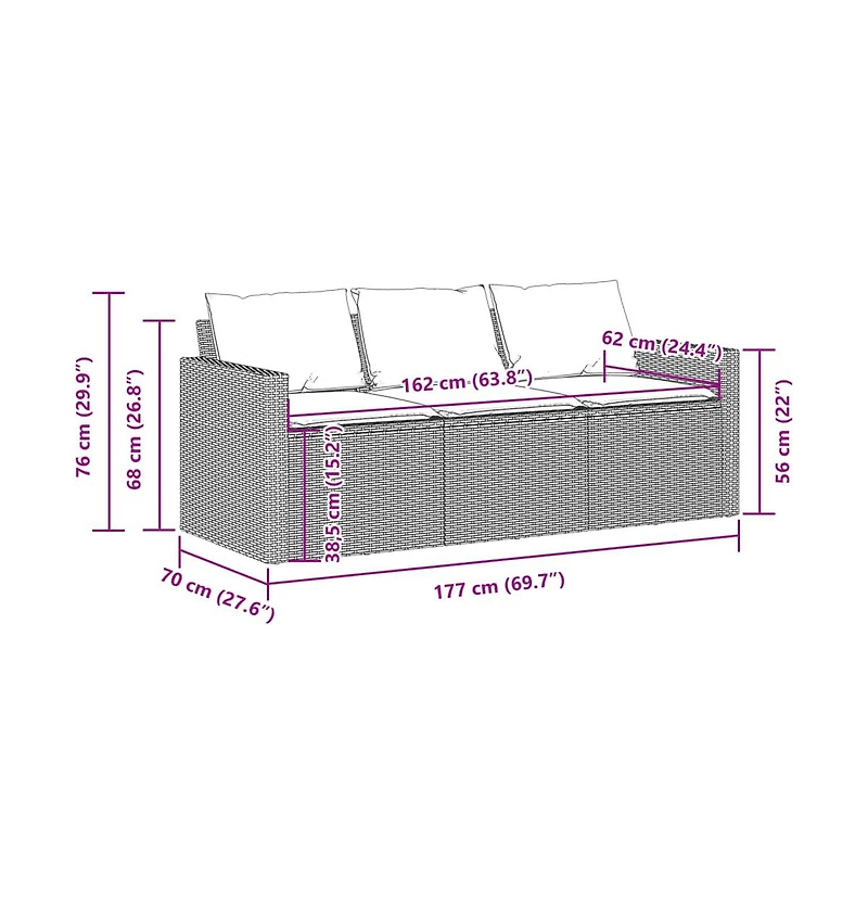 Garden Sofa Gray Pe Rattan 3-Seater Uv-resistant materials