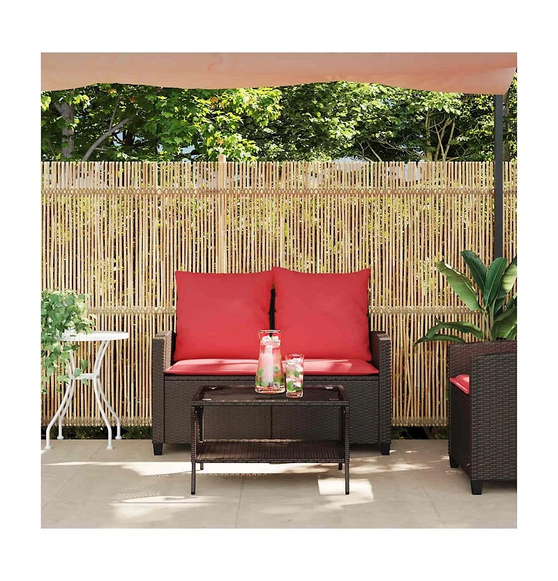 Patio Sofa 2-Seater with Cushions&Table Brown Poly Rattan