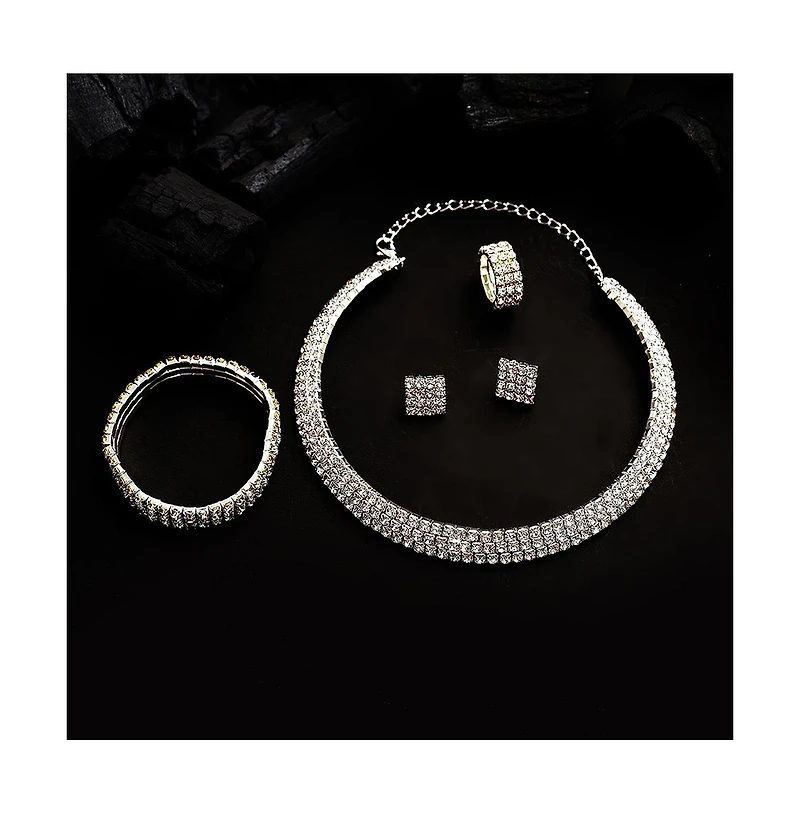 Sohi Women's Silver Bling Strand Necklace, Earrings, Bracelet And Ring (Set Of 4)