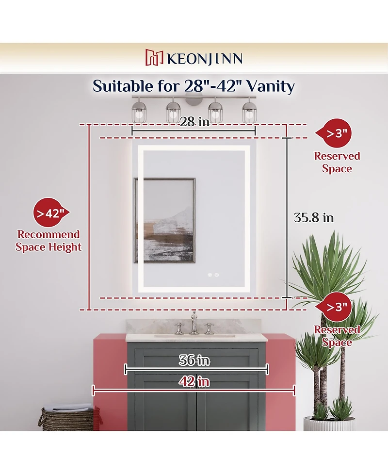 keonjinn Inch Led Bathroom Vanity Mirror Tempered Glass Front & Backlit Dimmable 3 Color Lighted Mirror Anti-fog Memory Function Frameless