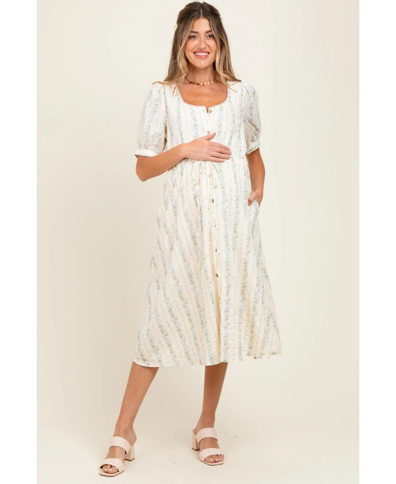 Pinkblush Maternity Light Blue Swiss Dot Floral Print Button Down Midi Dress