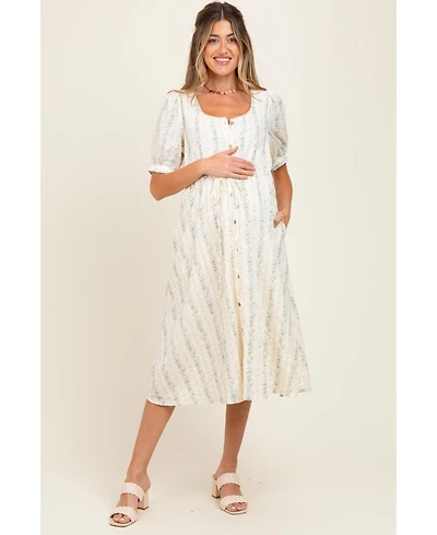 Pinkblush Maternity Light Blue Swiss Dot Floral Print Button Down Midi Dress