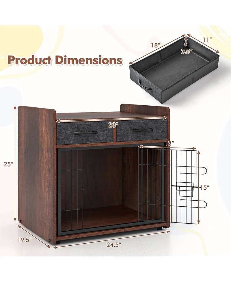 Gymax Industrial Dog Crate Indoor Doge Kennel w/Wide Countertop 2 Fabric Drawers