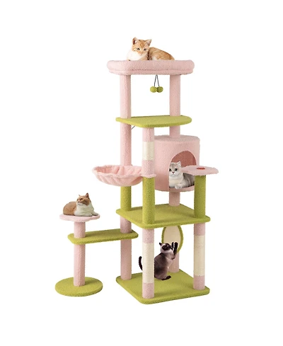 Gymax 58'' Plush Cat Tree Floral Climbing Tree Multi-level Cat Tower w/ Round Basket