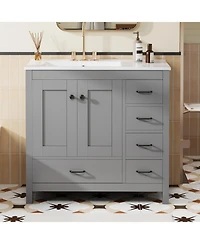 Lovmor 36inch Gray Bathroom Vanity with Ceramic Sink Combo Abundant Storage Cabinet 2 Soft close doors and 5 drawers