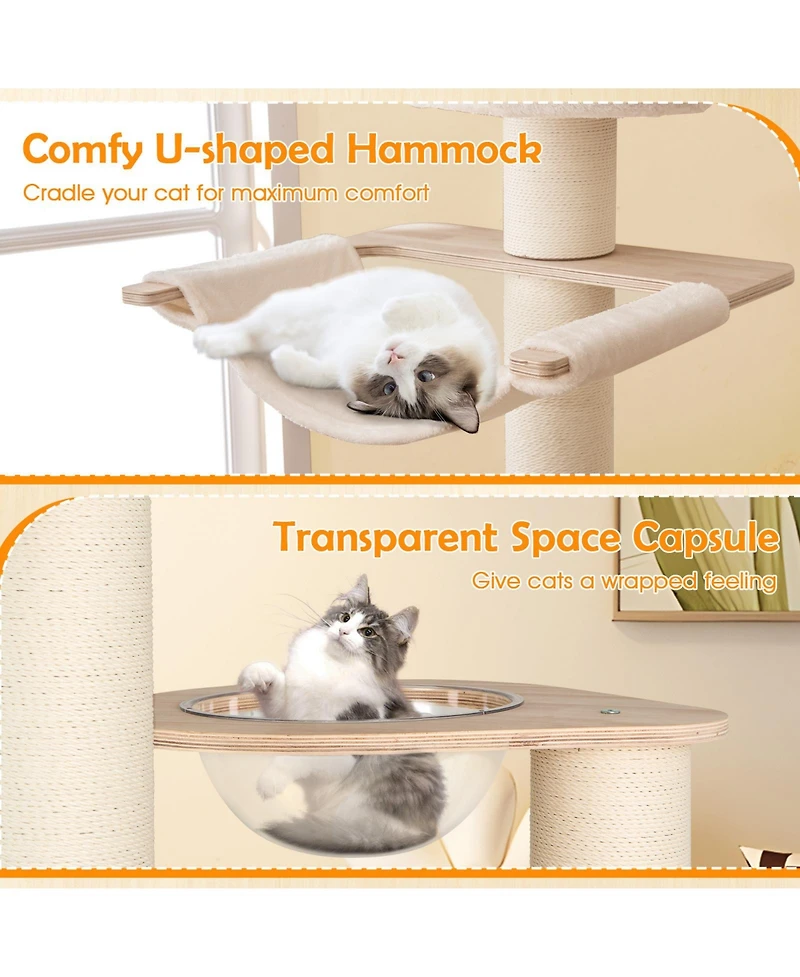 Gymax 69'' Tall Cat Tree Wooden Kitten Tower w/ 2 Condos Cozy Top Perch Space Capsule