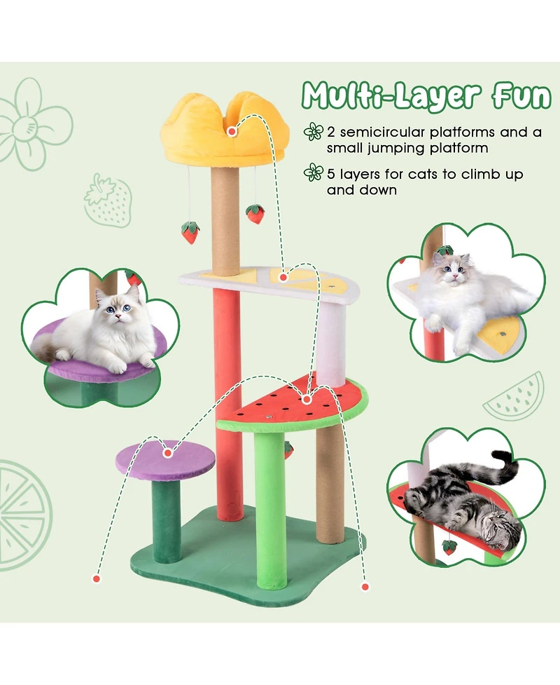 Gymax 45'' Tall Cat Tree w/ Plush Padded Top Perch Fruit-Shaped Platforms Dangling Balls