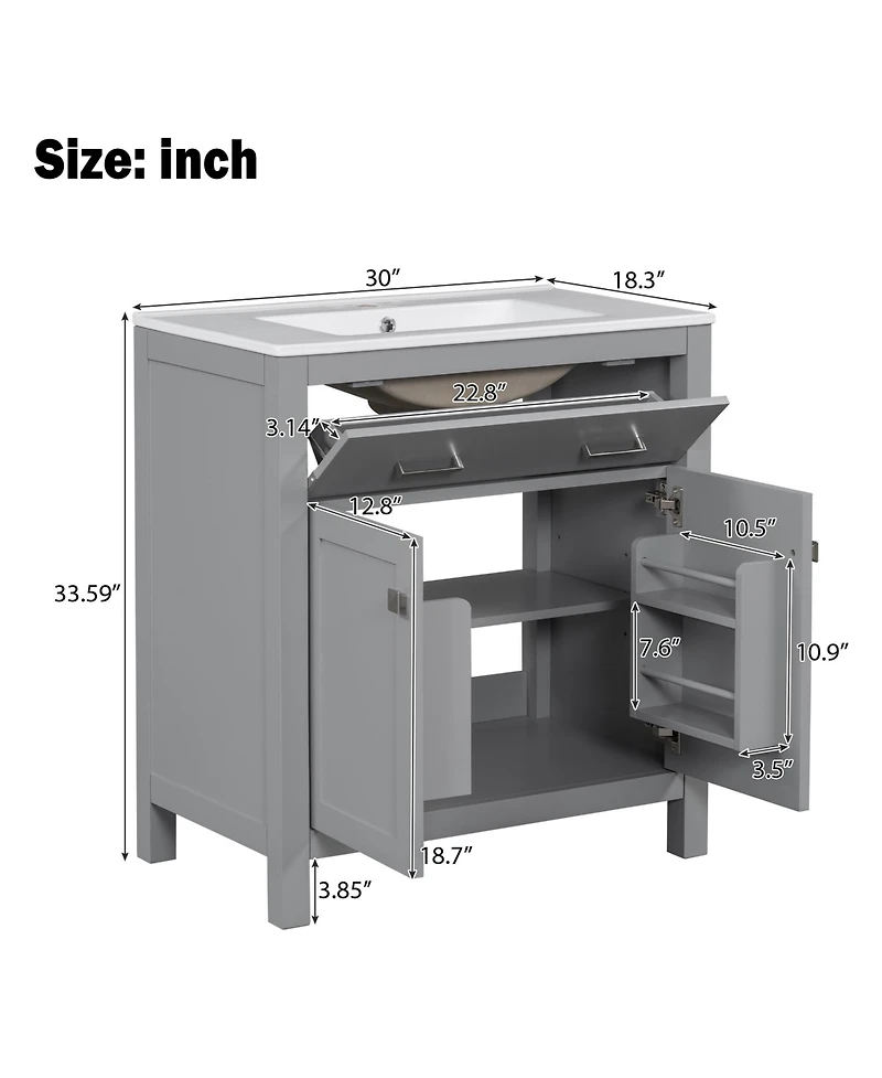 Lovmor 30inch Bathroom Vanity with Ceramic Sink Modern Gray Single Bathroom Cabinet with 2 Doors and a Shelf Soft Close Doors