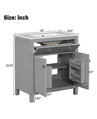 Lovmor 30inch Bathroom Vanity with Ceramic Sink Modern Gray Single Bathroom Cabinet with 2 Doors and a Shelf Soft Close Doors