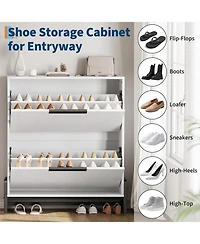 Shoe storage cabinet with 2 flip drawers, metal legs, and adjustable shelf. Slim, freestanding design ideal for entryways and hallways,White
