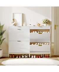 Fluted shoe cabinet with 2 flip drawers, 1 drawer, and a hook. Modern farmhouse style with metal legs. Perfect for narrow entryways,White