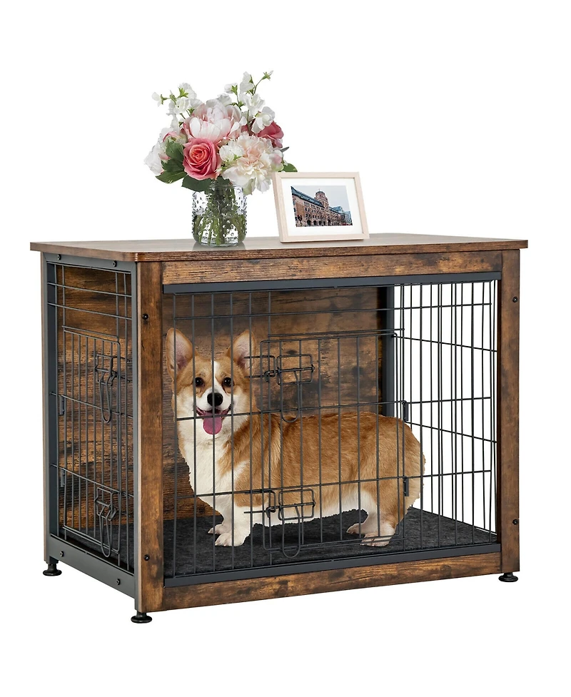 Gymax Wooden Dog Crate Furniture with Pad Bed Double Doors Dog Kennel End Table