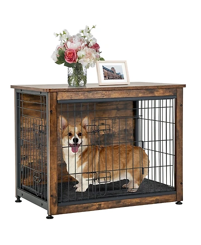 Gymax Wooden Dog Crate Furniture with Pad Bed Double Doors Dog Kennel End Table