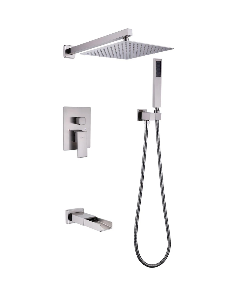 Greenspring Waterfall Spout Single Handle 3-Spray Square High Pressure Tub and Shower Faucet in Brushed Nickel (Valve Included)