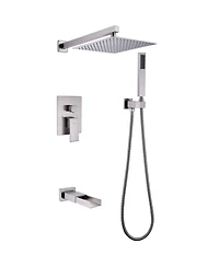 Greenspring Waterfall Spout Single Handle 3-Spray Square High Pressure Tub and Shower Faucet in Brushed Nickel (Valve Included)