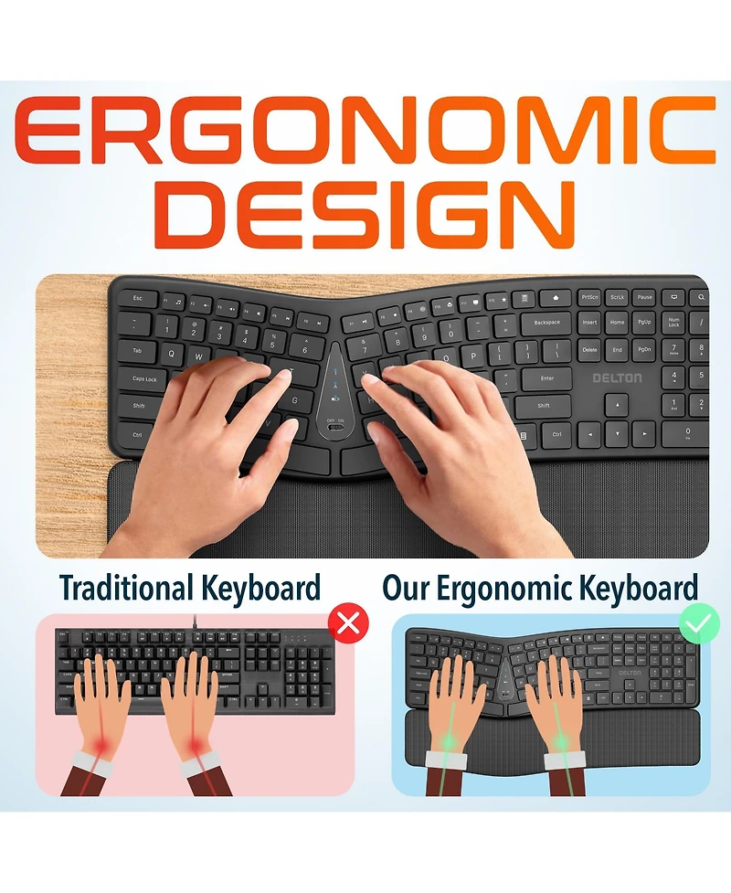 Delton KB250 Ergonomic Wireless Keyboard with Wrist Rest Pad (DKBE250-wb)