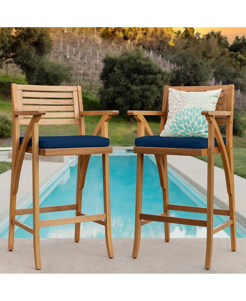 Best Choice Products Set of 2 Outdoor Acacia Wood Bar Stools Bar Chairs w/ Weather-Resistant Cushions