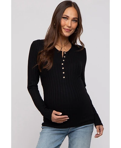 Pinkblush Black Ribbed Knit Button Long Sleeve Maternity Top