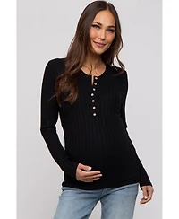 Pinkblush Black Ribbed Knit Button Long Sleeve Maternity Top