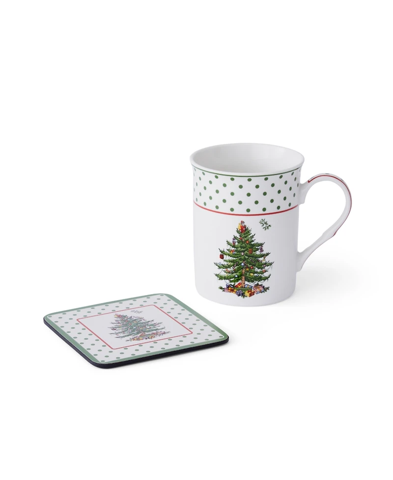 Spode Christmas Tree Polka Dot 5-Pc. Mug and Tin Coaster Set
