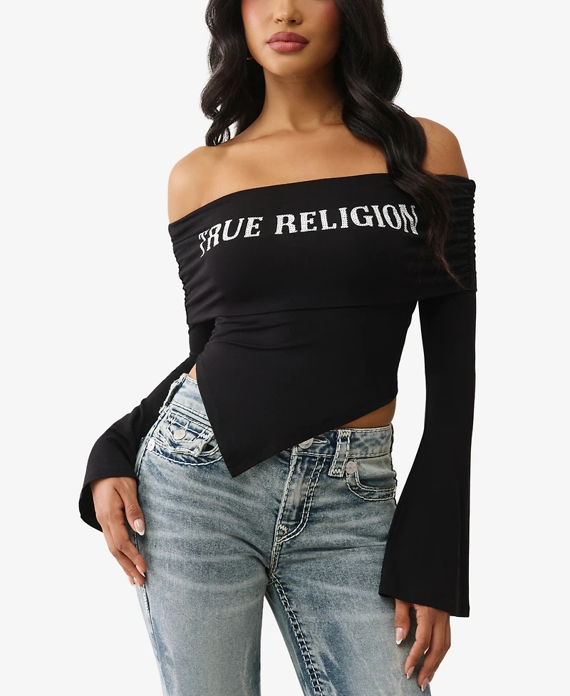 True Religion Women's Crystal Asymmetric Off The Shoulder Top