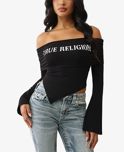 True Religion Women's Crystal Asymmetric Off The Shoulder Top