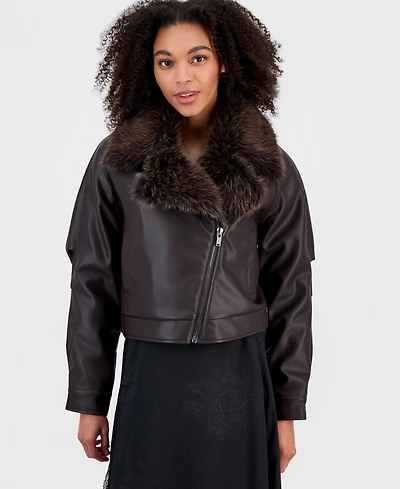 And Now This Women's Faux-Fur-Trim Faux Leather Moto Jacket, Macy's Exclusive