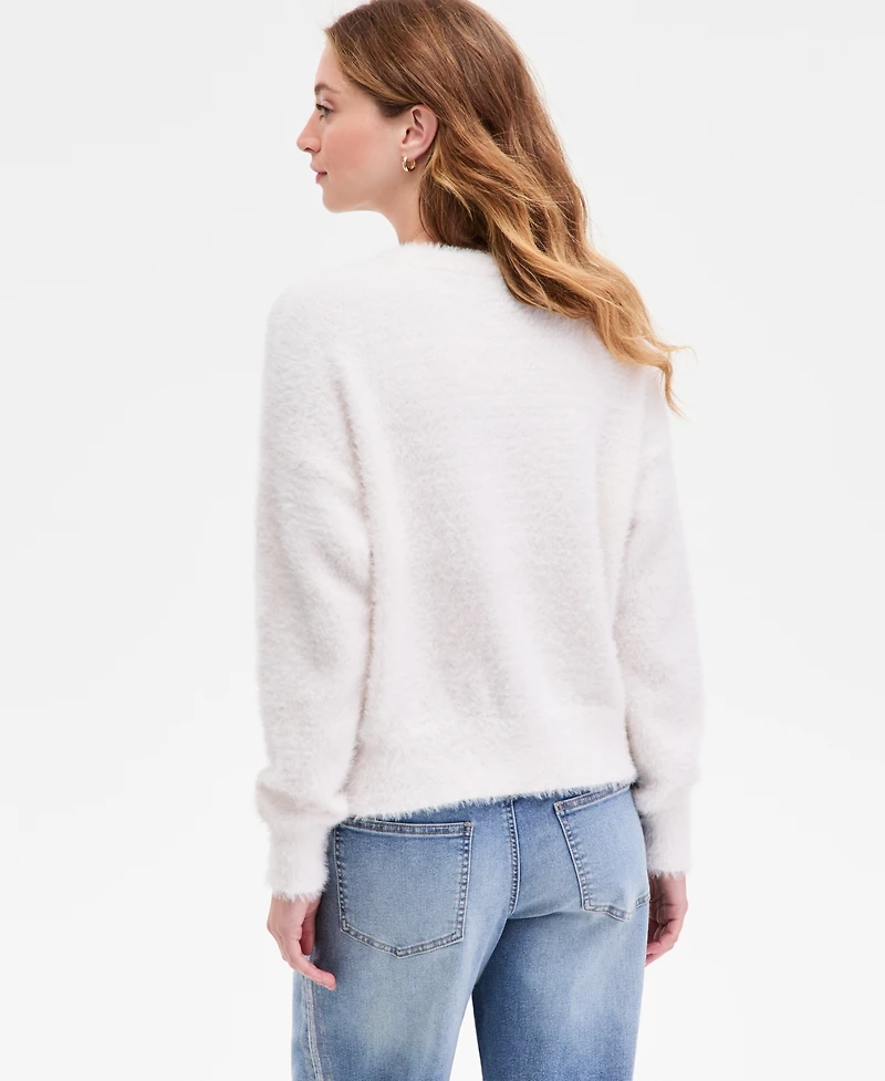 Hooked Up by Iot Juniors' Rose-Print Eyelash-Texture Sweater