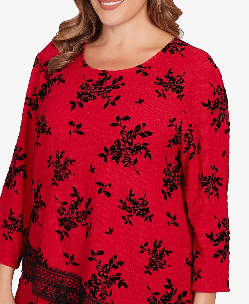 Ruby Rd. Plus Floral Flocked Texture Lace Trim Top