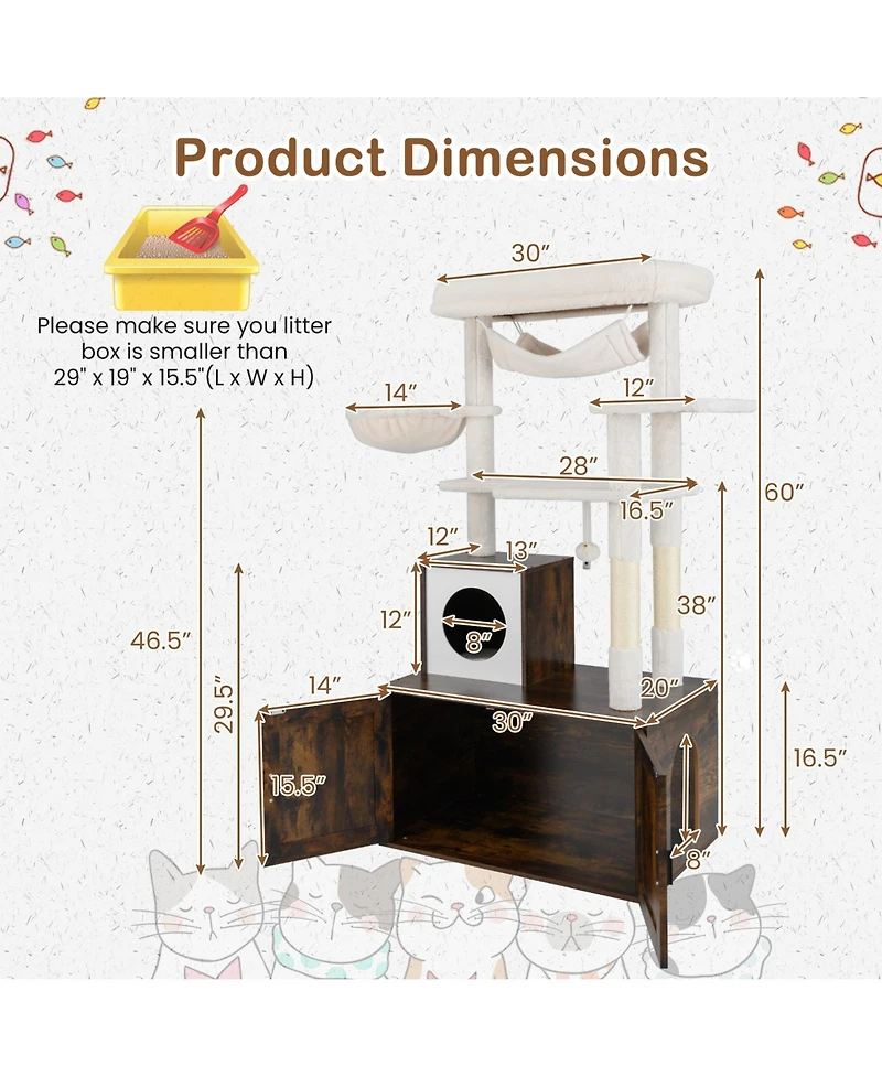 Gymax 59 inch Cat Tree w/ Litter Box Enclosure w/ Hidden Washroom Scratching Posts