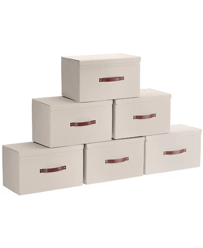 Ornavo Home 6 Pack Foldable Linen Storage Bin with Faux Leather Handles and Lid