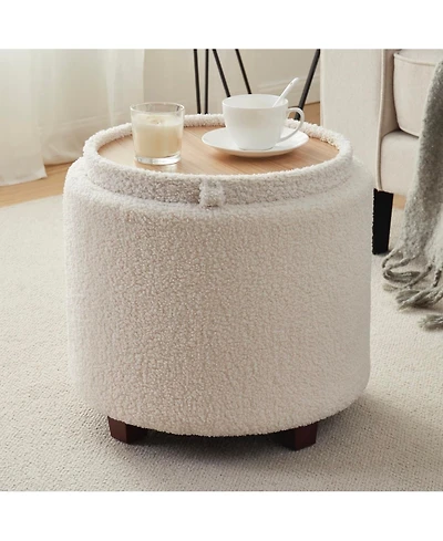 Ornavo Home Lawrence Round Boucle White Storage Ottoman with Table Top Lid