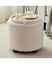 Ornavo Home Lawrence Round Boucle White Storage Ottoman with Table Top Lid
