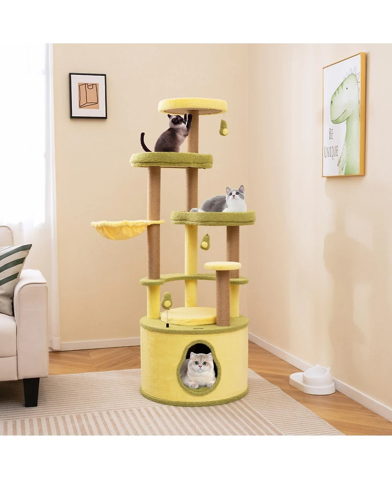 Gymax Large Avocado Cat Tree Multi-level Cat Tower w/ Large Private Condo Fun Pompoms