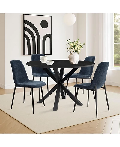 5-Piece 39.4" Round Black Dining Table Set with Starburst Base and 4 Boucle Fabric Chairs Curved Back Metal Legs-Maison