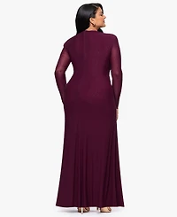 Betsy & Adam Plus Long-Sleeve Asymmetrical Neck Ballgown