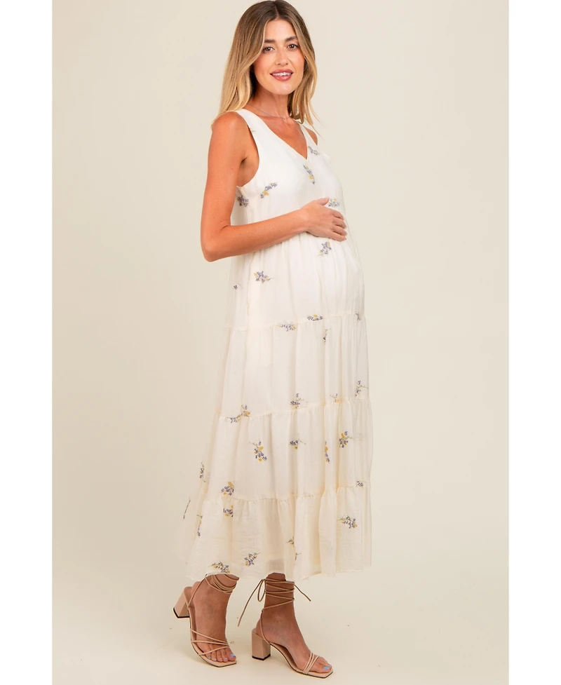 Pinkblush Maternity Lavender Ditsy Floral Embroidered V Neck Tiered Dress