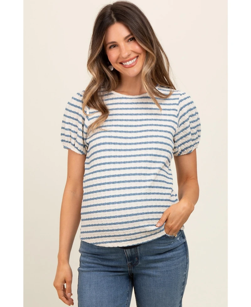 Pinkblush Maternity Light Blue Striped Textured Puff Sleeve Top