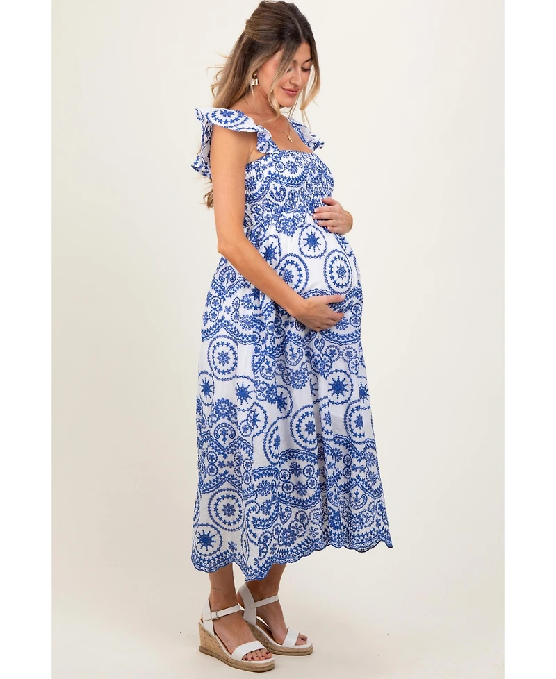 Pinkblush Maternity Light Navy Embroidered Smocked Cutout Midi Dress