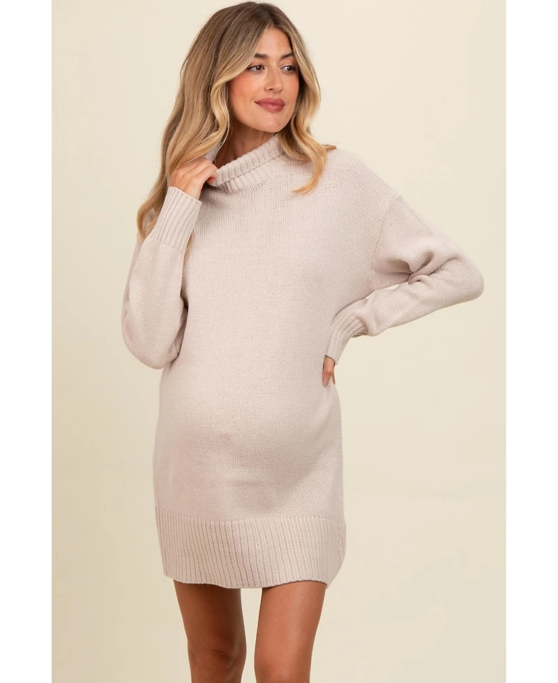 Pinkblush Maternity Beige Turtle Neck Mini Sweater Dress
