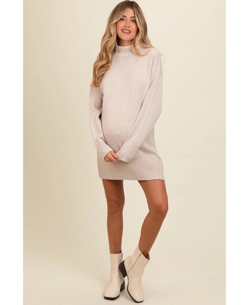 Pinkblush Maternity Beige Turtle Neck Mini Sweater Dress